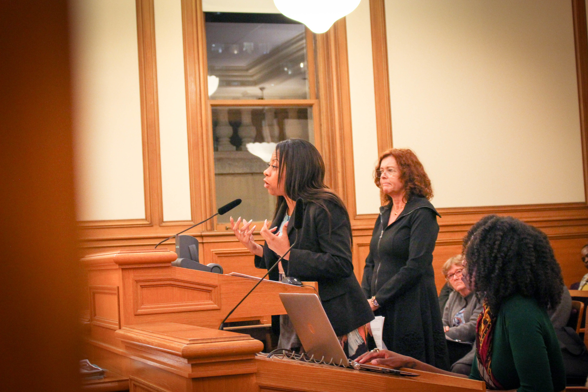 Shanell Williams presenting at city hall hearing on housing