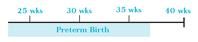 Timeline describing that any birth before 37 weeks is a premature birth and a normal birth is 40 weeks