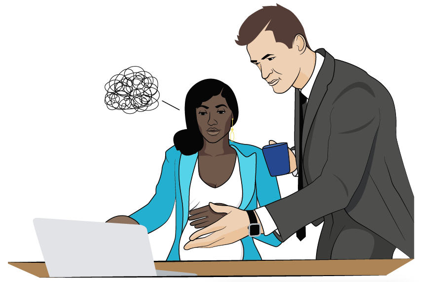 White man in a suite standing over a Black pregnant woman on a computer explaining something to her. She has a thought bubble indicating that she is annoyed and stressed