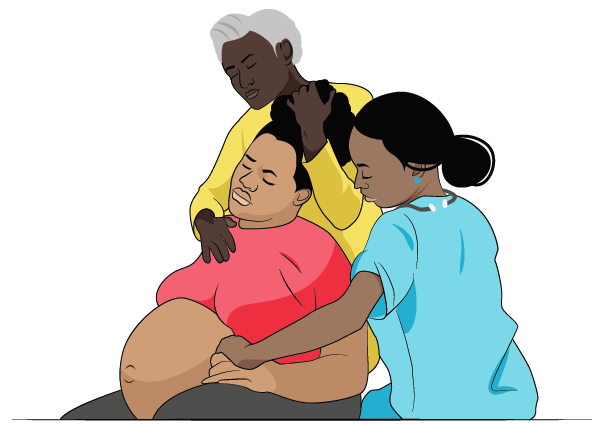 A Black midwife supporting a birthing person in labor with a doula
