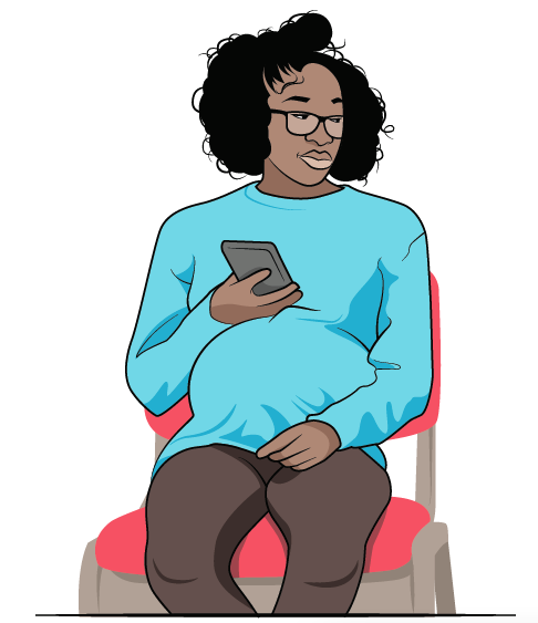 Black pregnant woman looking next to her at the text