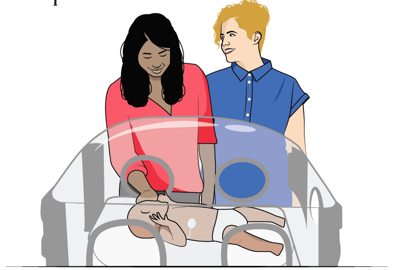 A biracial female couple looking at their baby in an incubator in the NICU