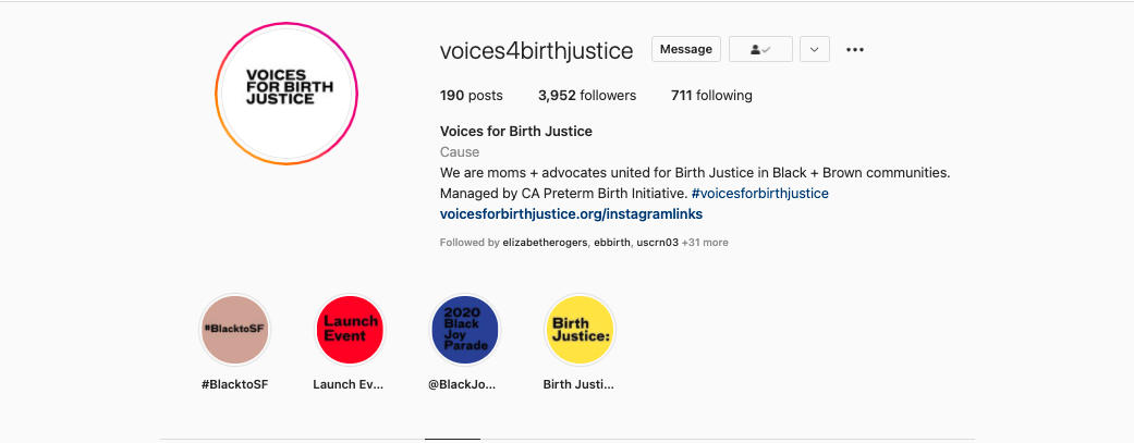 screenshot of voices for birth justice instagram